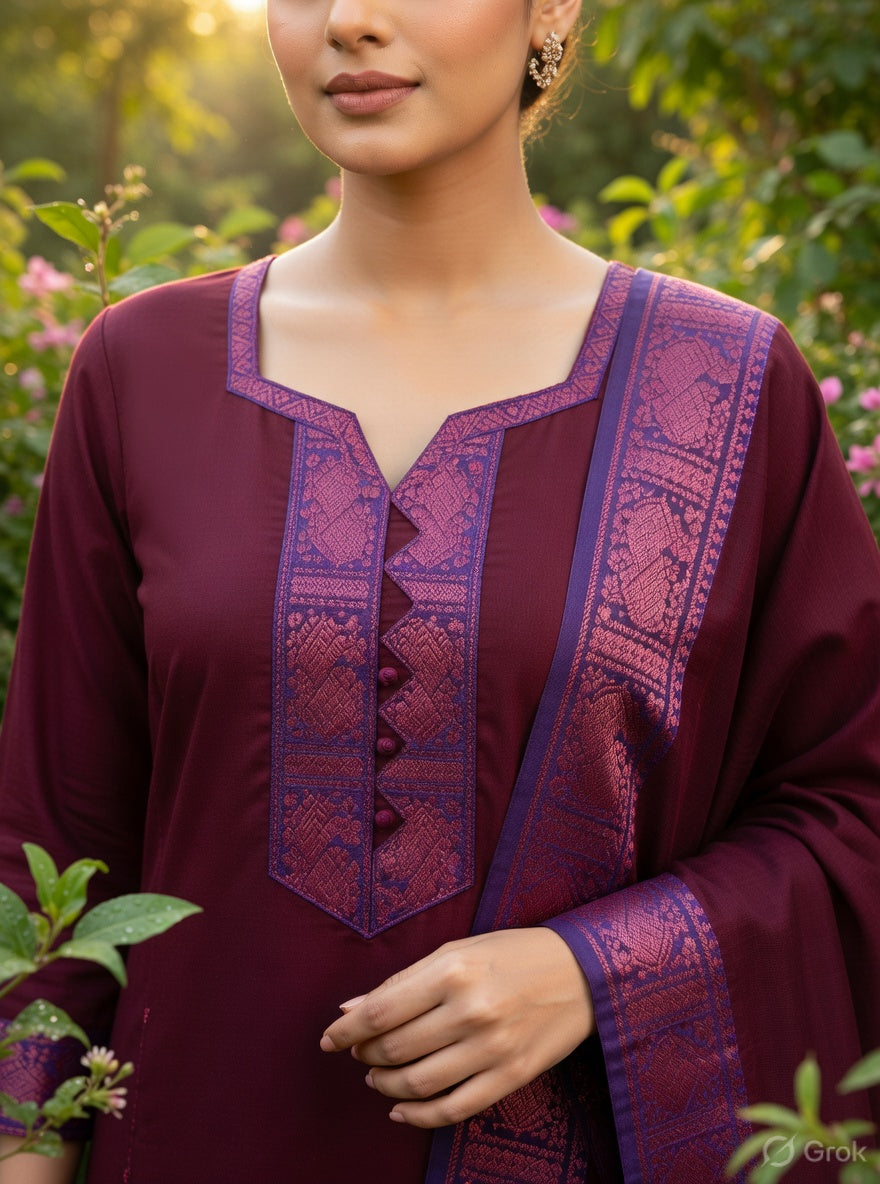 Wine Maroon Cotton Kurti Set.