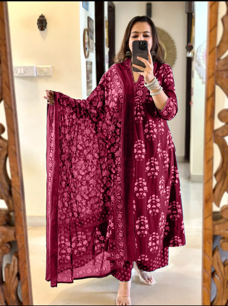 Cotton Printed Handwork Anarkali Set