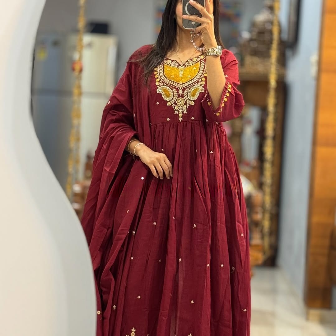 Maroon Anarkali Cotton Dress with Embroidered Yoke & Dupatta