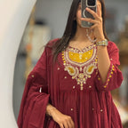 Maroon Anarkali Cotton Dress with Embroidered Yoke & Dupatta
