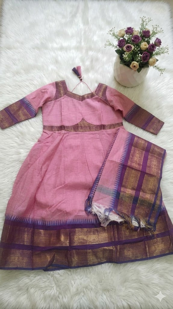 Elegant  pink women's cotton silk Anarkali kurta paired with a matching shawl