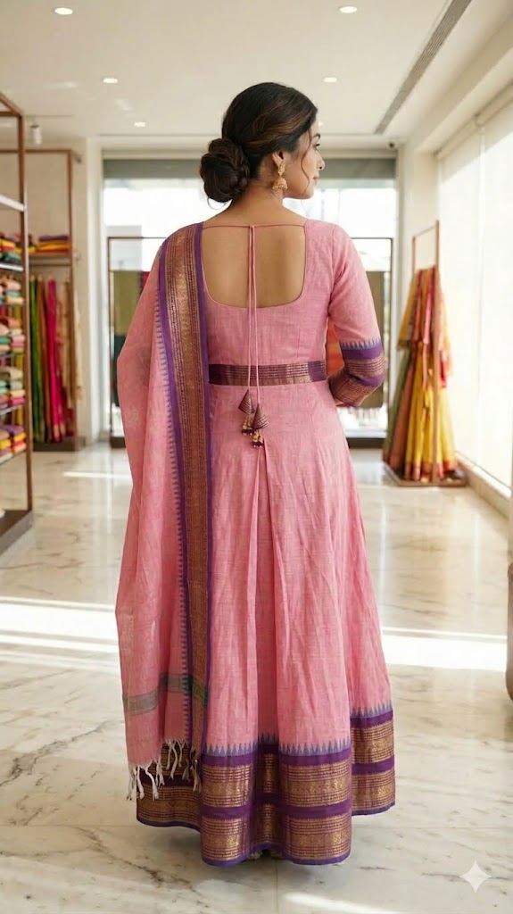 Elegant  pink women's cotton silk Anarkali kurta paired with a matching shawl