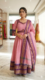 Elegant  pink women's cotton silk Anarkali kurta paired with a matching shawl
