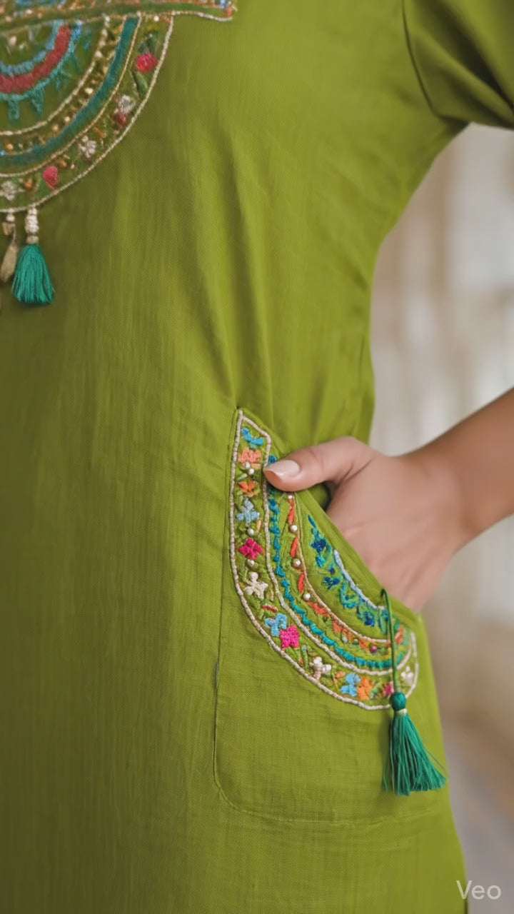 Elegant Olive Green Cotton Kurti Set with Dupatta