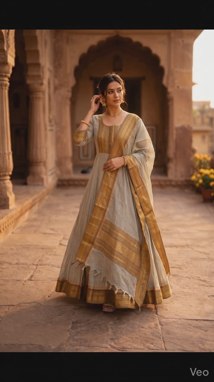 Grey Cotton Anarkali Set with Zari Border & Matching Shawl