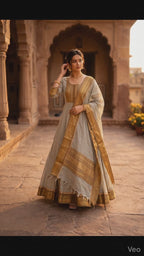 Grey Cotton Anarkali Set with Zari Border & Matching Shawl