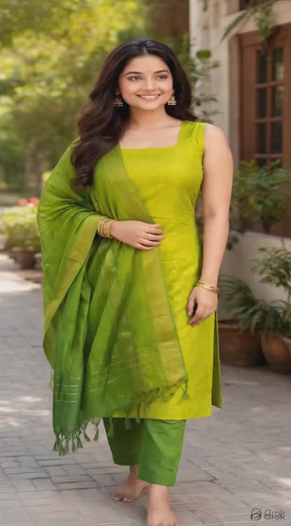 Cotton Green Mangalagiri Kurti Set with Shawl/Dupatta