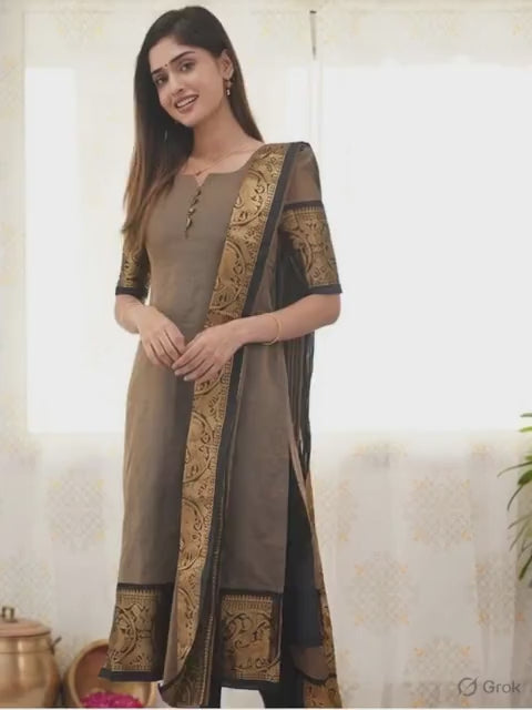 Stylish brown cotton Kurti with Matching Shawl (Dupatta)