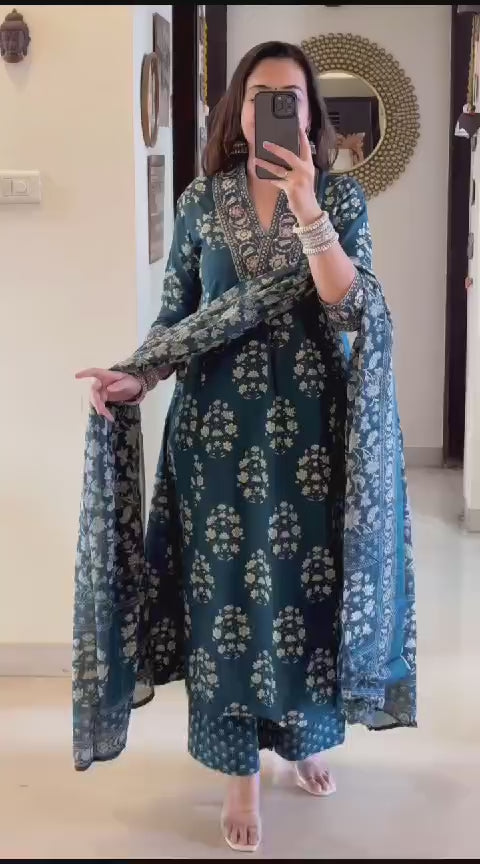 Cotton Printed Handwork Anarkali Set