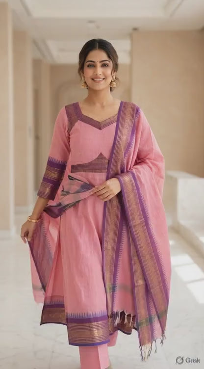 Elegant  pink women's cotton silk Anarkali kurta paired with a matching shawl