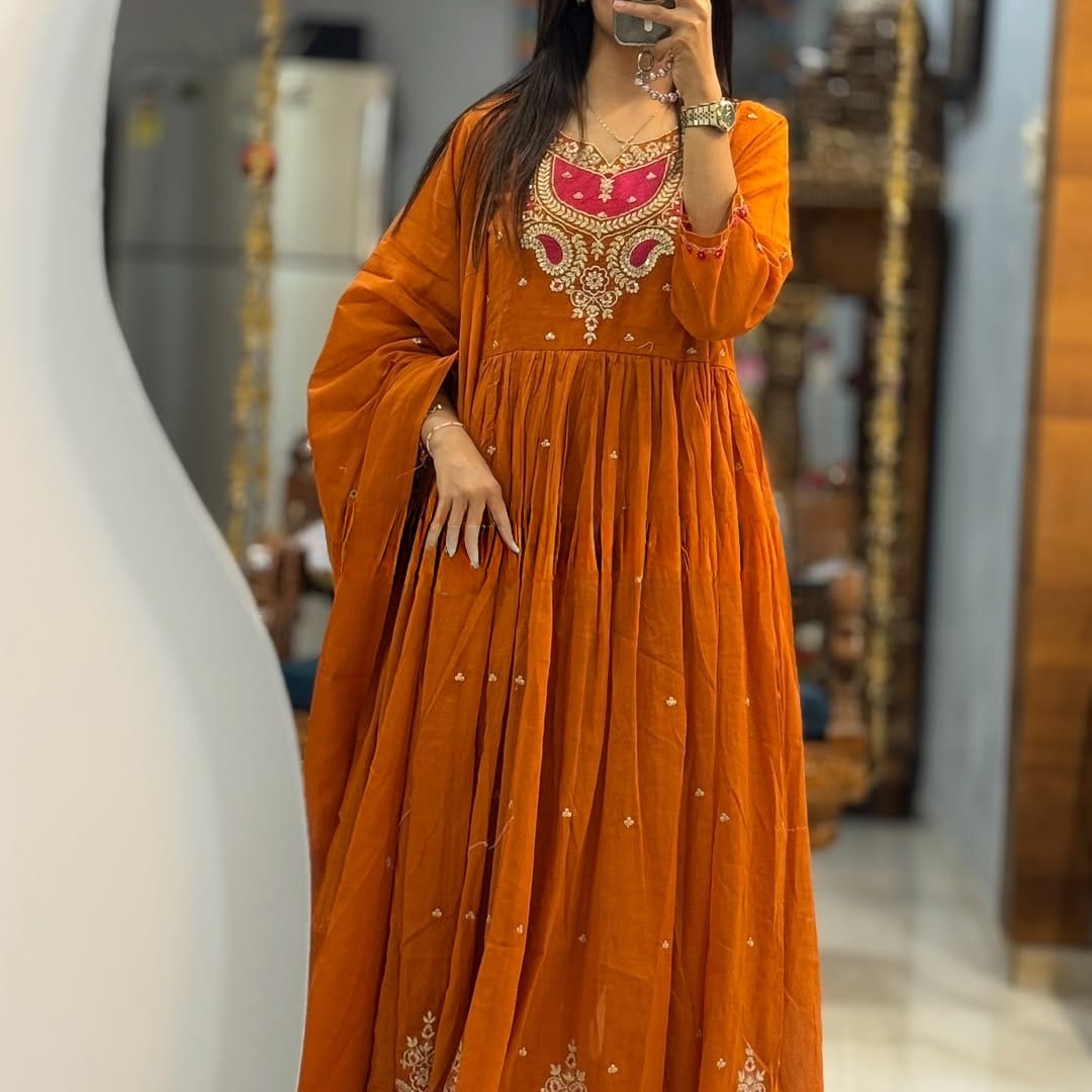 Maroon Anarkali Cotton Dress with Embroidered Yoke & Dupatta