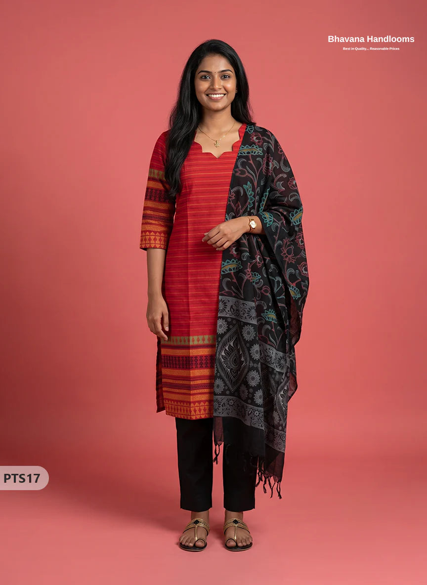 Premium Handloom Jacquard Cotton Kurti Set with Pant & Printed Dupatta | Women's 3 Piece Ethnic Wear (Red & Black)