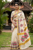 Elegant Cream Floral Printed Kerala Cotton Saree with Golden Border & Running Blouse