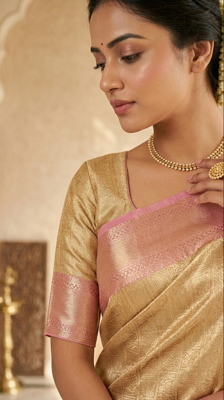 Elegant Gold Kanchipuram Silk Saree with Pink Zari Border