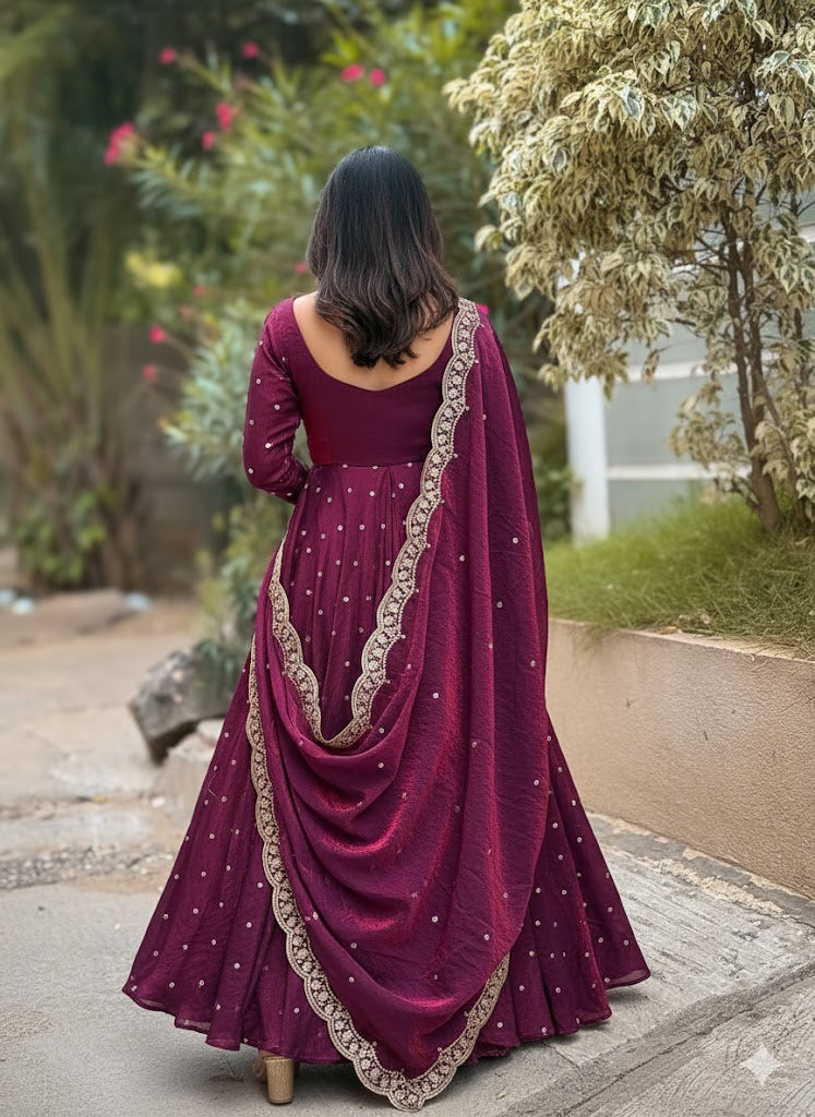 Elegant Wine Embellished Anarkali Gown with Dupatta