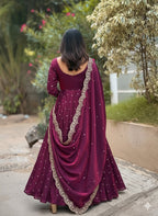 Elegant Wine Embellished Anarkali Gown with Dupatta