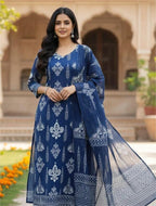 Blue cotton kurta set with dupatta