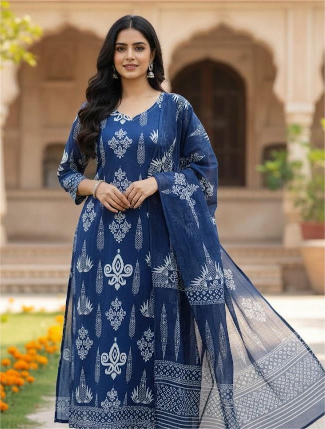 Blue cotton kurta set with dupatta
