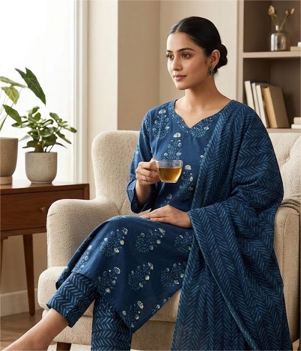Elegant Blue Floral Printed Cotton Kurti Set with Pants & Dupatta