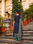 Elegant Navy Blue Cotton Kurta Set with Zari Borders