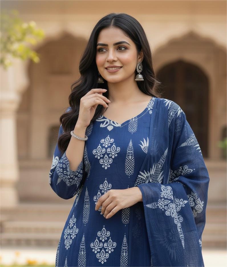 Blue cotton kurta set with dupatta