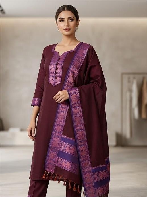 Wine Maroon Cotton Kurti Set.