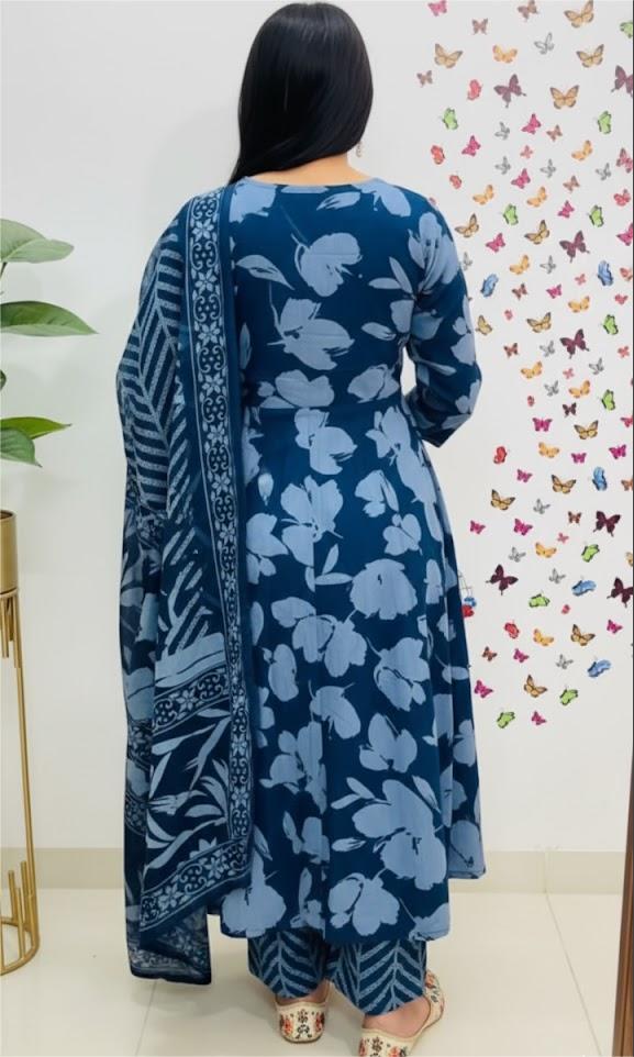 Blue cotton kurti set with pants and dupatta