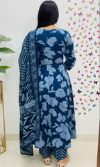 Blue cotton kurti set with pants and dupatta
