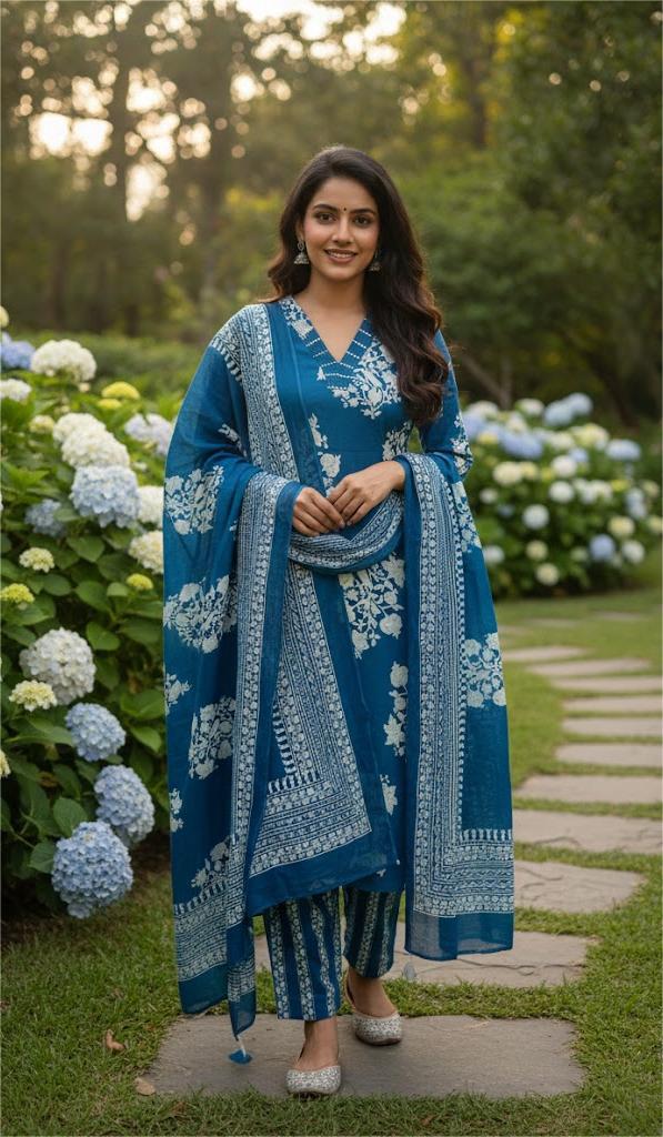 Blue cotton kurti set with dupatta
