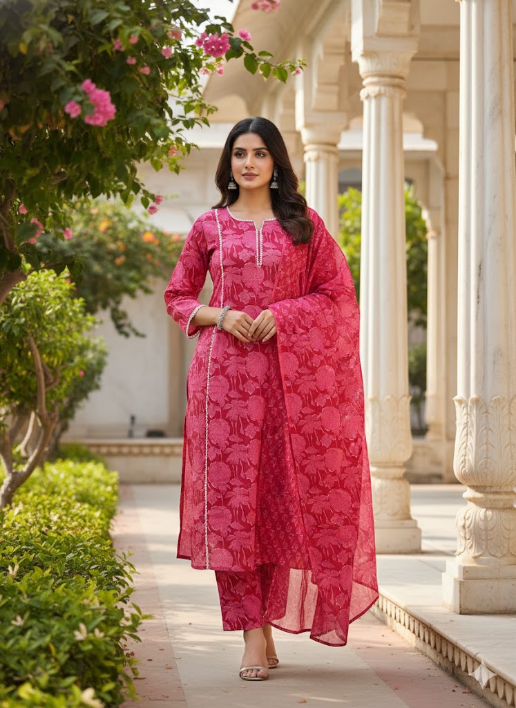 Ethereal Magenta Floral Kurta Set with Dupatta