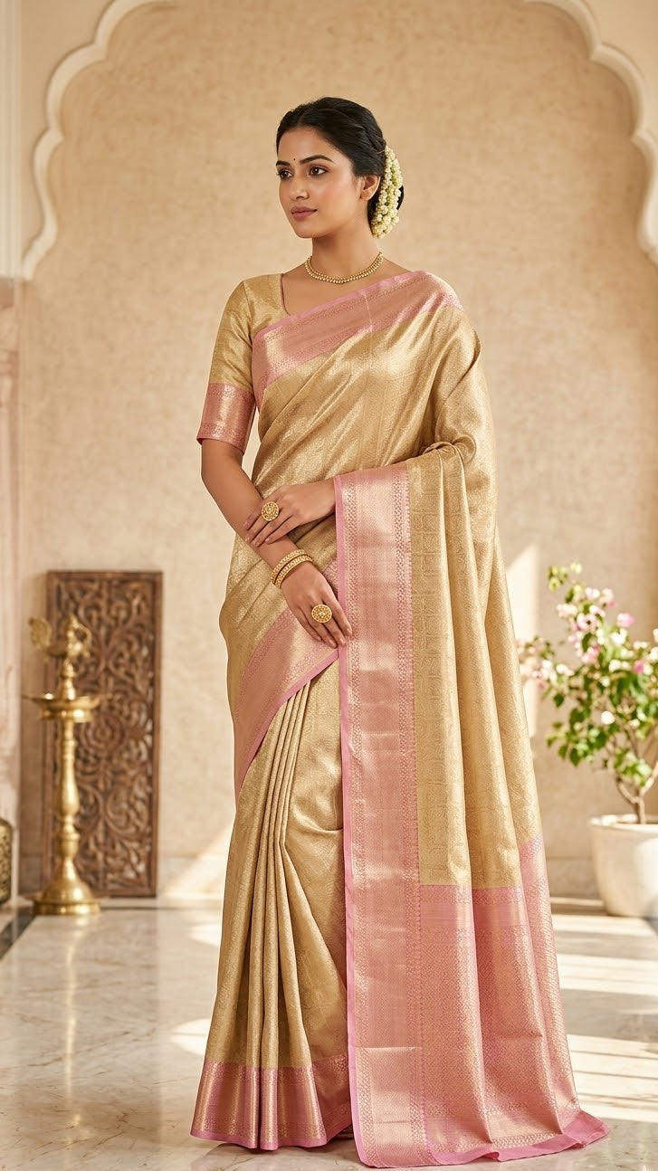 Elegant Gold Kanchipuram Silk Saree with Pink Zari Border