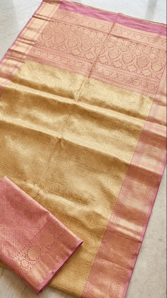 Elegant Gold Kanchipuram Silk Saree with Pink Zari Border