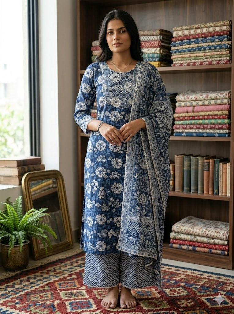 Women blue Cotton kurti set