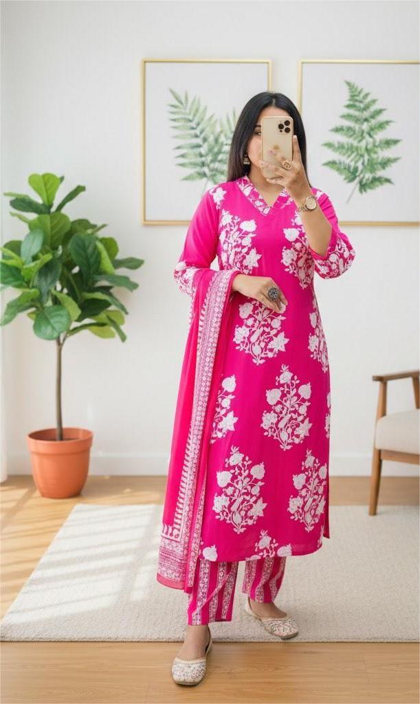 Pink cotton kurta set with dupatta