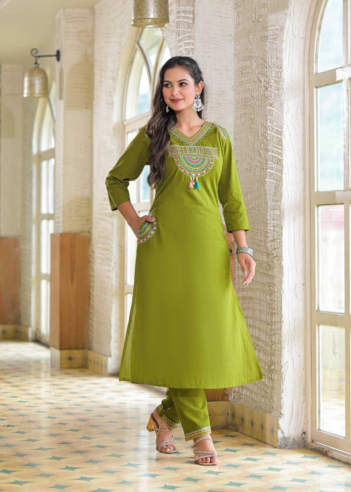 Elegant Olive Green Cotton Kurti Set with Dupatta