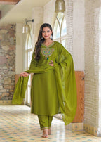Elegant Olive Green Cotton Kurti Set with Dupatta