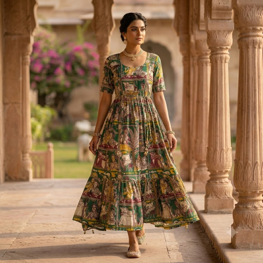 Black Kalamkari Anarkali Gown | Elegant Cotton Ethnic Wear Dress for Women