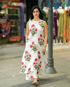 White Floral Cotton Co-ord Set for Women – Elegant Printed Kurta & Pants