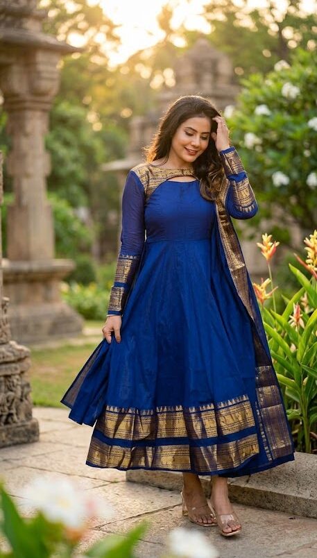 Navy Blue Silk Cotton Anarkali Set with Dupatta for Women