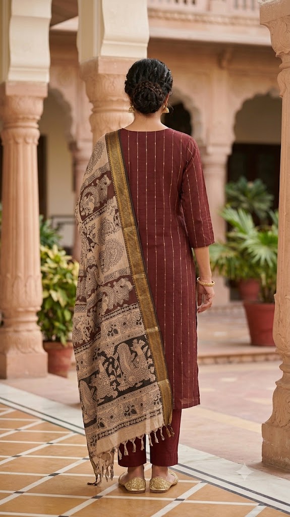 coffee Brown Raw silk Cotton Kurti with Nizam Border Kalamkari Dupatta | Women's Ethnic Wear | Styleaura - Image 2