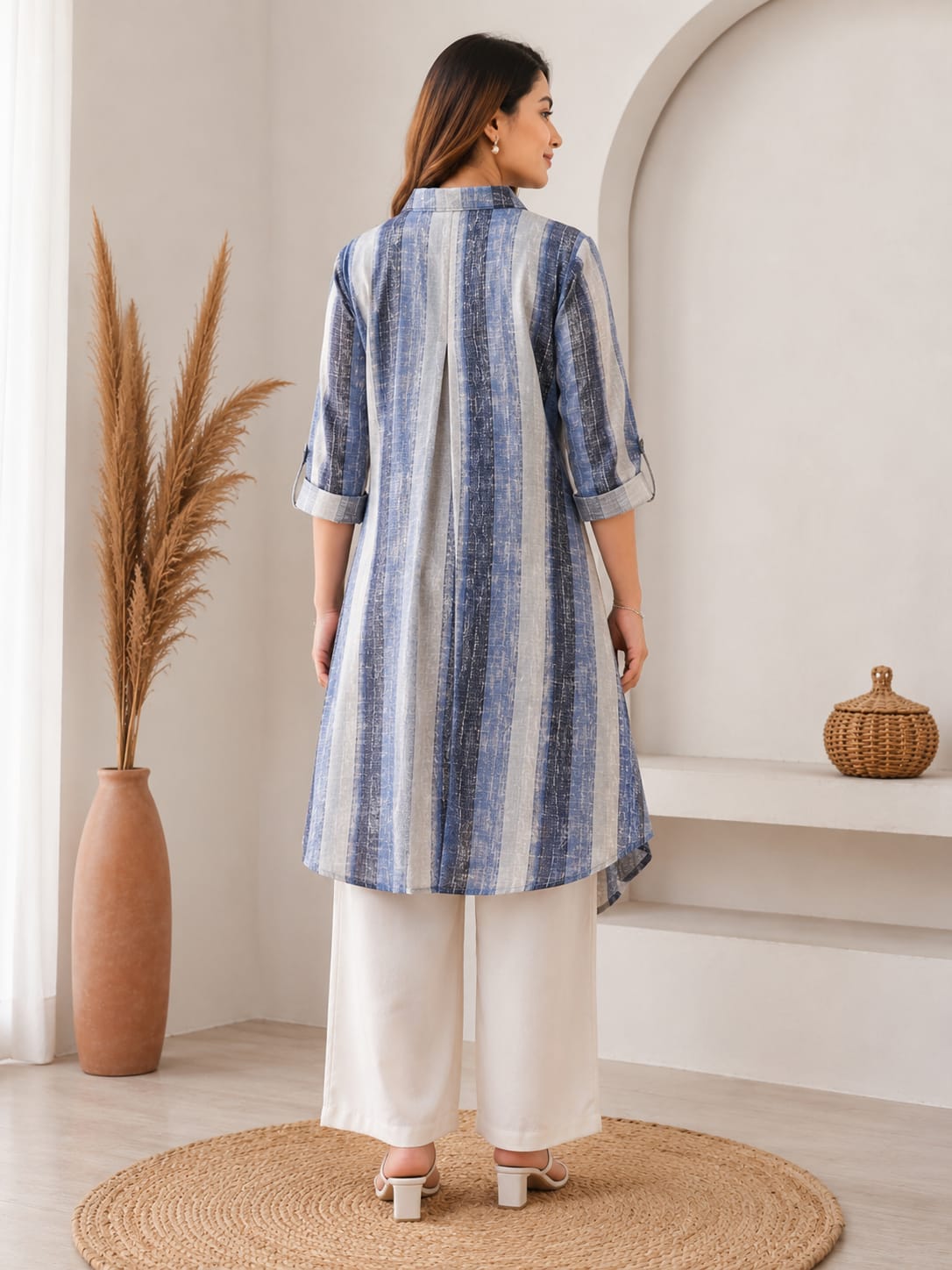 light Blue Striped Shirt Style Kurti Set with Palazzo Pants for Women | Stylish Co-Ord Set - Image 2