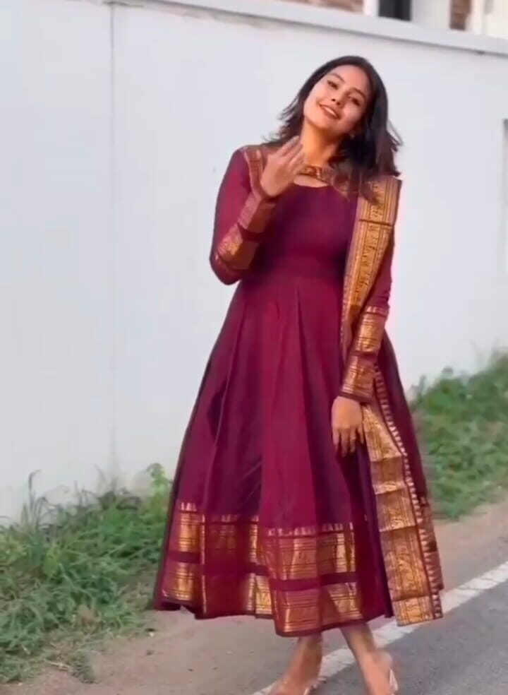 Maroon Silk Cotton Anarkali Set with Dupatta for Women - Image 3