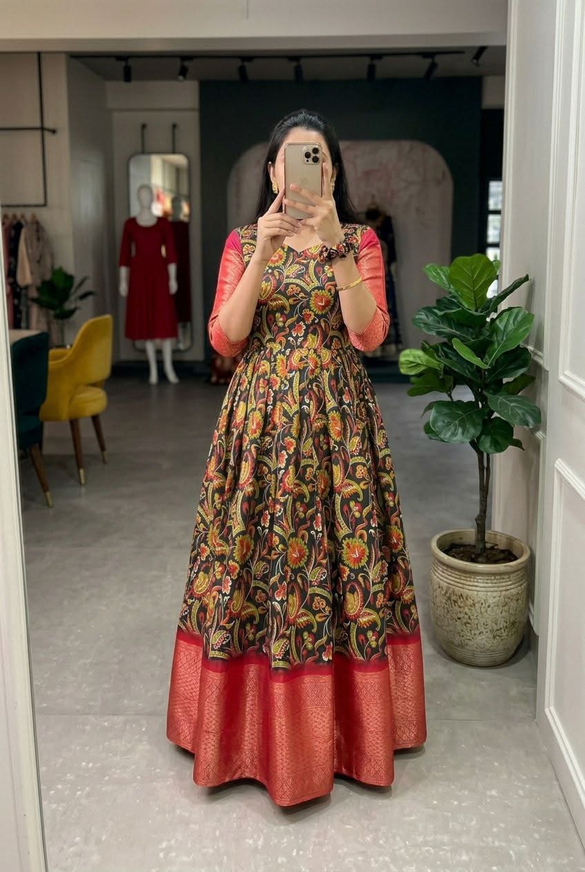 Women's Black & Rust Orange Kalamkari Cotton Flared Anarkali Gown | Traditional Ethnic Long Dress | Festive & Party Wear