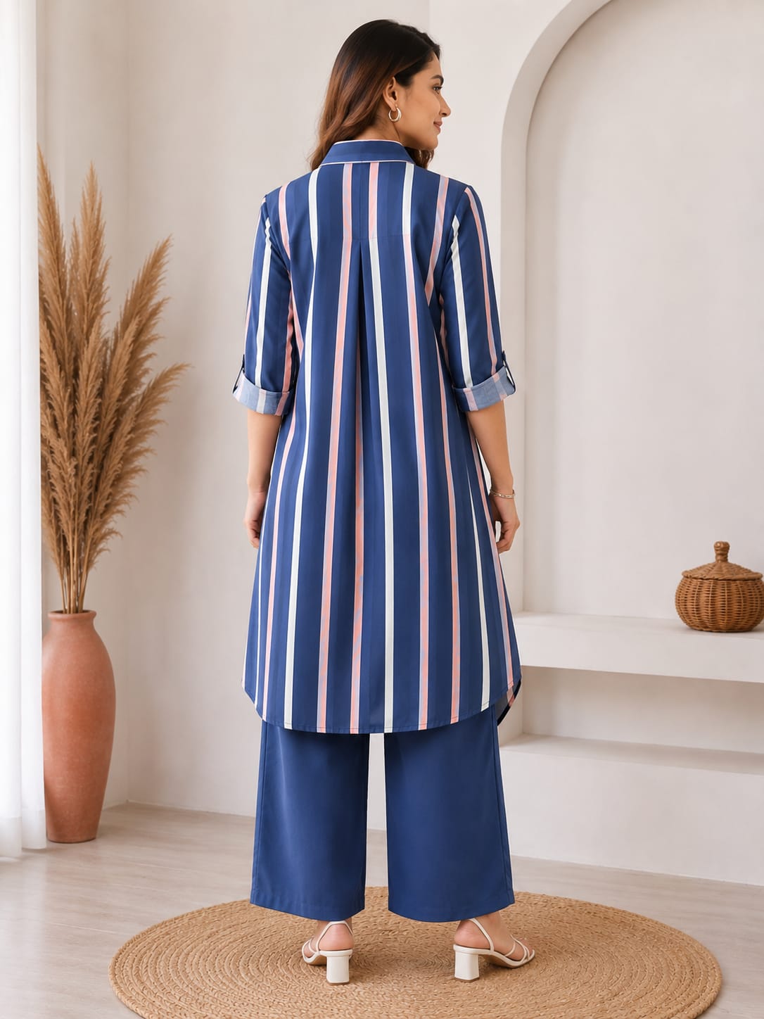 Blue Striped Shirt Style Kurti Set with Palazzo Pants for Women | Stylish Co-Ord Set - Image 2