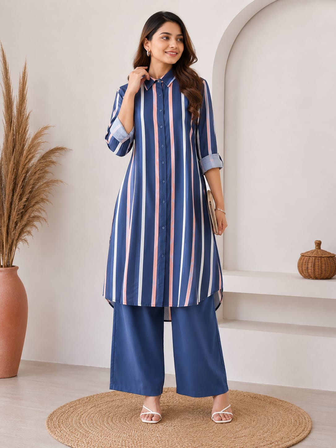 Blue Striped Shirt Style Kurti Set with Palazzo Pants for Women | Stylish Co-Ord Set