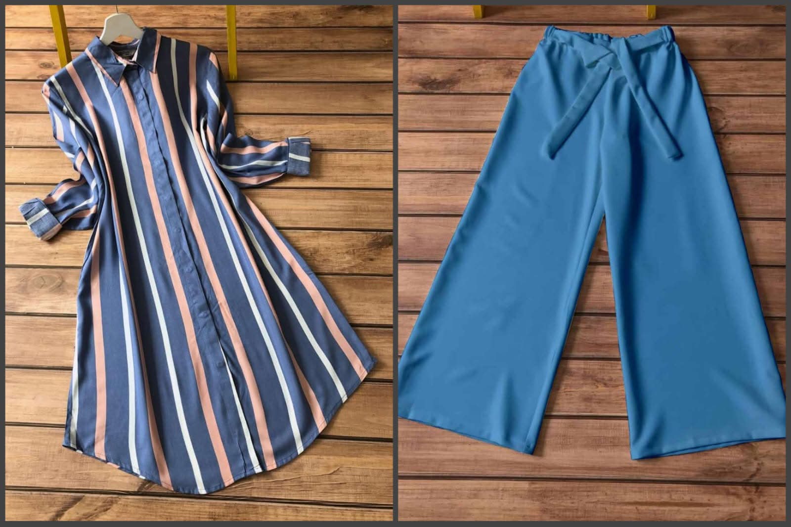 Blue Striped Shirt Style Kurti Set with Palazzo Pants for Women | Stylish Co-Ord Set - Image 3