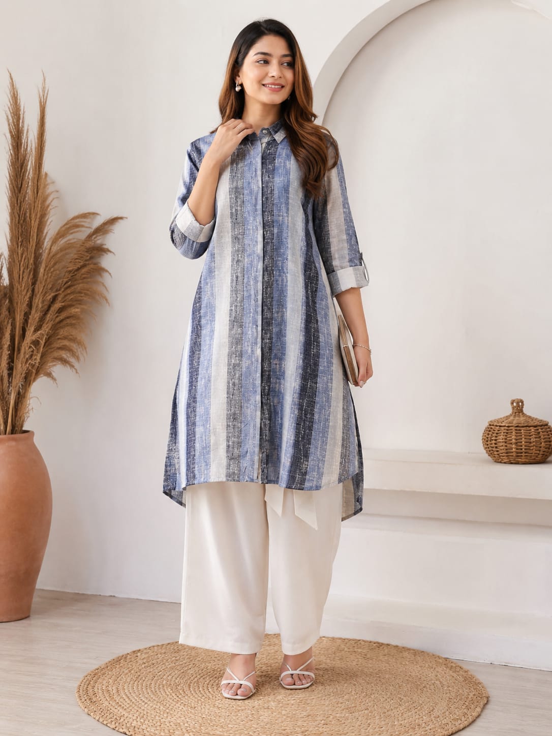 light Blue Striped Shirt Style Kurti Set with Palazzo Pants for Women | Stylish Co-Ord Set