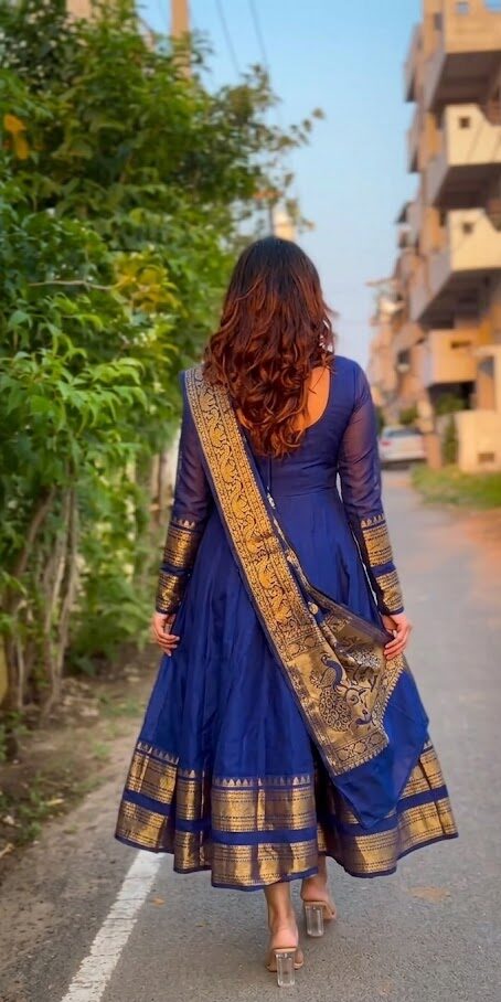 Navy Blue Silk Cotton Anarkali Set with Dupatta for Women - Image 3