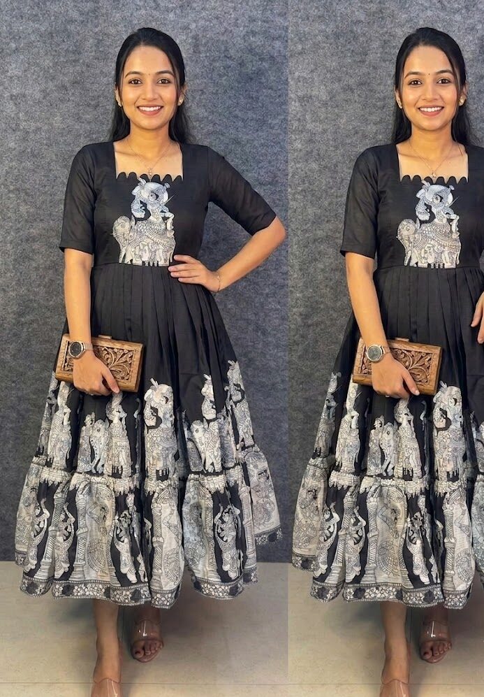 Black Kalamkari Cotton Maxi Gown for Women | Premium Kalamkari Printed Flared Dress - Image 3