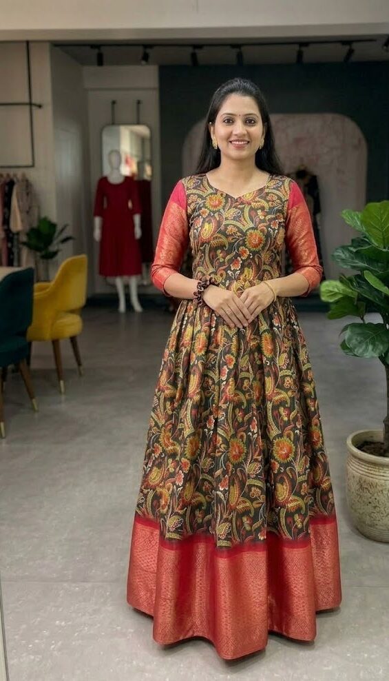 Women's Black & Rust Orange Kalamkari Cotton Flared Anarkali Gown | Traditional Ethnic Long Dress | Festive & Party Wear - Image 2